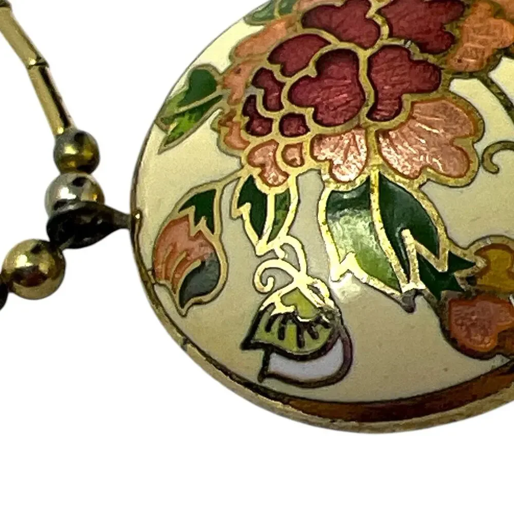 1970s Vintage Chinese Cloisonne Brass Peony Floral Pendant Necklace 18”